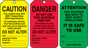 Scaffold Status Safety Tag: Caution- Danger- Attention 3 N' 1 Fold Tag - 5 3/4" x 3 1/4" - PF Cardstock - 25/PK