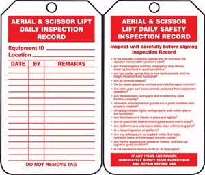 Aerial & Scissor Lift Daily Inspection Record - 5 3/4" x 3 1/4" - Plastic- 25/PK - Safety Tag
