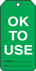 OK To Use - 4 1/8" x 2 1/8" - Plastic- 25/PK - Safety Tag OK To Use - 4 1/8" x 2 1/8" - Plastic- 25/PK - Safety Tag