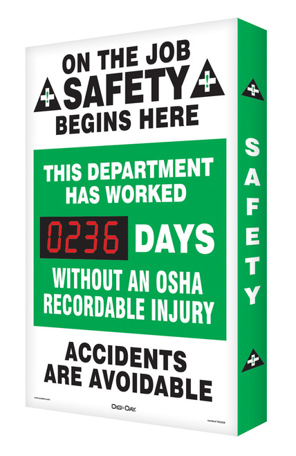 Safety Scoreboard Digi Day- On The Job Safety Begins Here Accuform SCA236