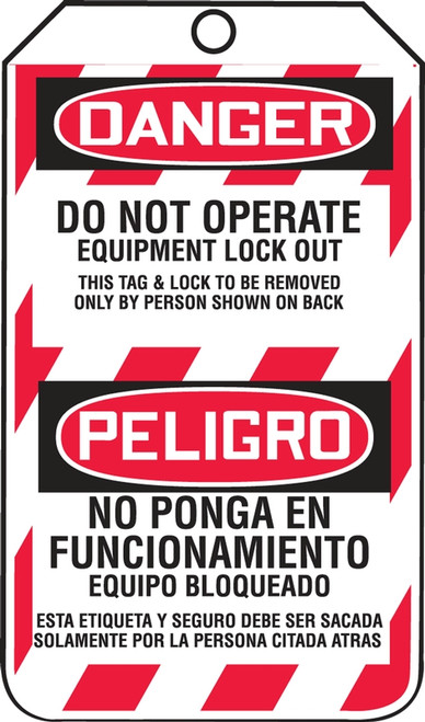 Bilingual OSHA Danger Lockout Tag: Do Not Operate - Equipment Lock Out