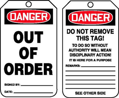 Out of Order - 5 3/4" x 3 1/4" - PF Cardstock - 25/PK - Safety Tag