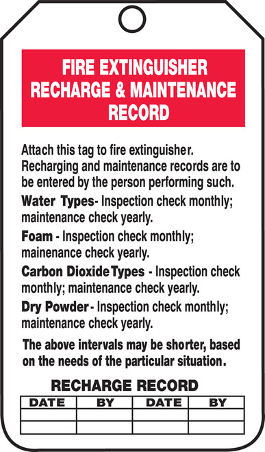 Fire Extinguisher Recharge & Maintenance Record - 5 3/4" x 3 1/4" - PF Cardstock - 25/PK - Safety Tag