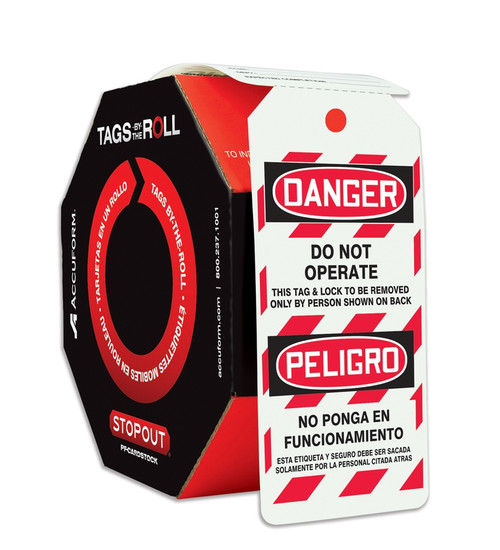 Bilingual OSHA Danger Tags By-The-Roll: Do Not Operate - TAR482 - 6 1/4" x 3" - 250 Per Roll - PF-Card Stock - Tags By-The-Roll