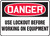 Danger - Use Lockout Before Working On Equipment - .040 Aluminum - 10'' X 14''