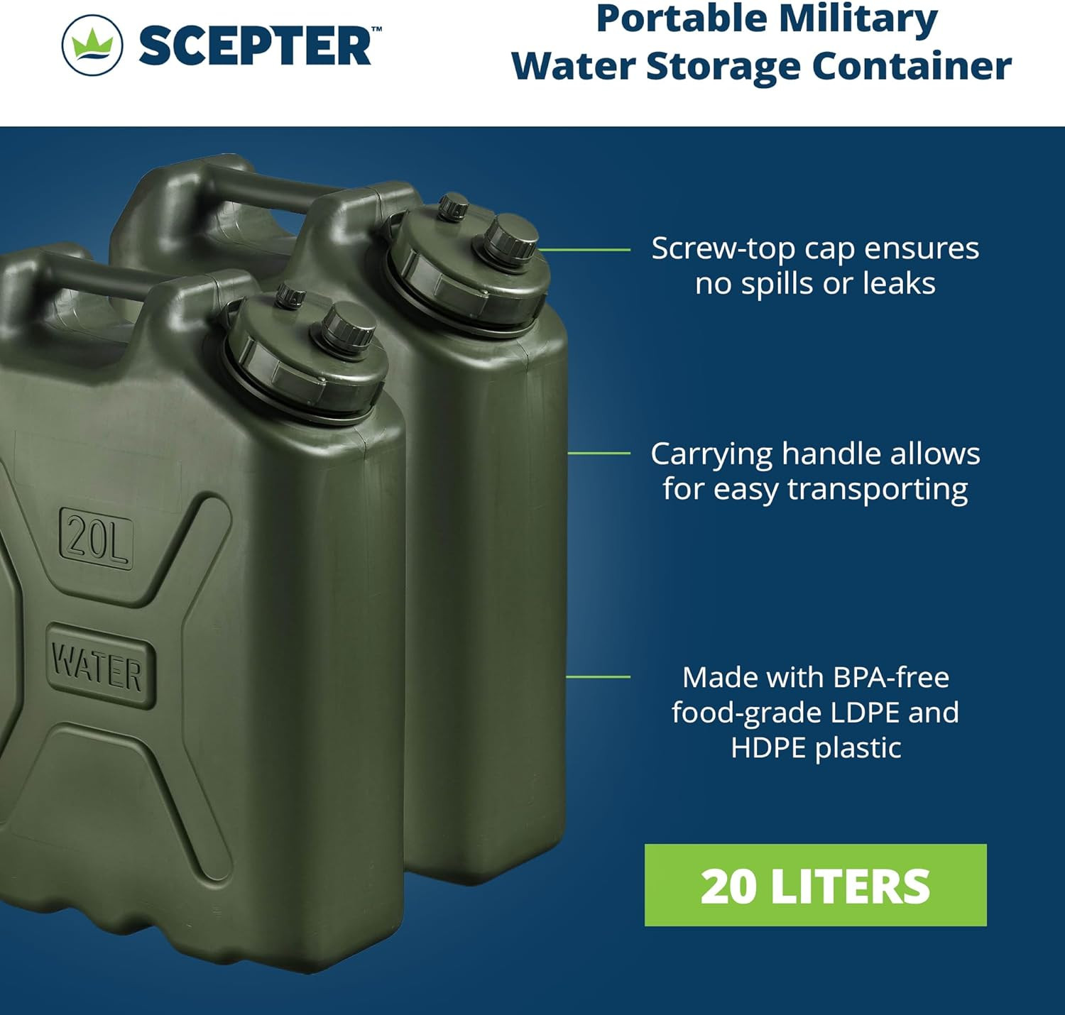 Scepter 20L Military Water Can - Blue | Genuine 5-Gallon MWC