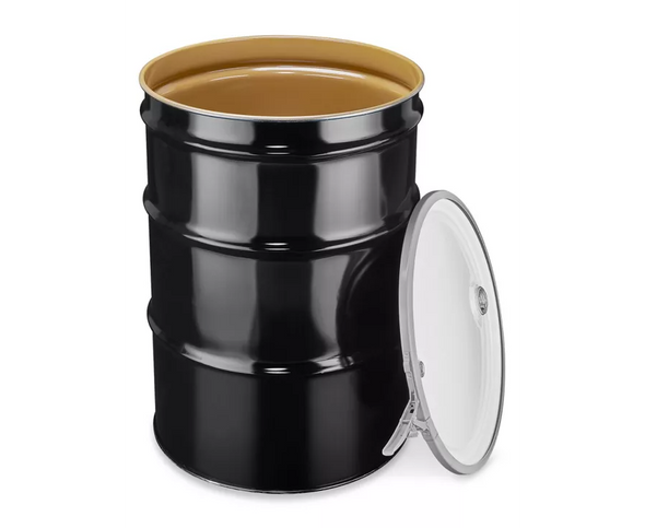 Greif 55 Gallon Open Head Lined Steel Drum, UN Rated 1A2/Y1.8/150 & 1A2/X400/S, epoxy phenolic coated RDL44LVOC, metal side lever locking band, Bung lid with 2" NPT plug and 3/4" plug with EPDM gaskets.