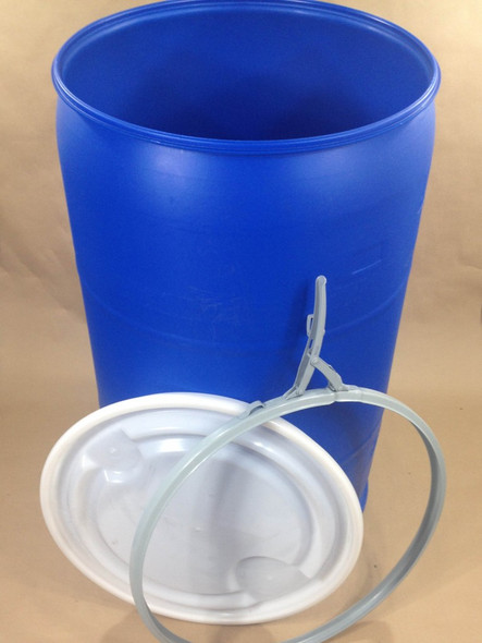 New Greif O-55FR Blue 55 Gallon Open Head Poly Drum, UN Rated 1H2/Y250/S, Coated steel side lever locking band, Lid with gasket, 2" NPS bung & 3/4" vent bung in lid 