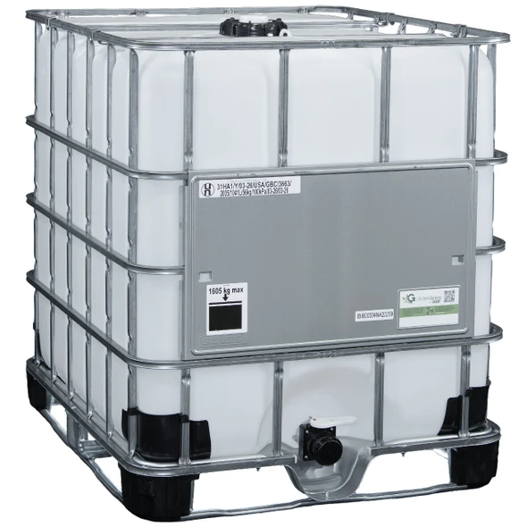 Greif GCube 275 gallon IBC, Liquid UN Rating 31HA1/Y1.9,  Material HDPE, Color Natural,  Opening 6" Fill Cap,  Valve 2" PP Removable Ball Valve with aluminum collar 2" QD male camlock,  Weight 130 lbs.,  L 47 1/4" W 39 1/4" H 46 1/2"