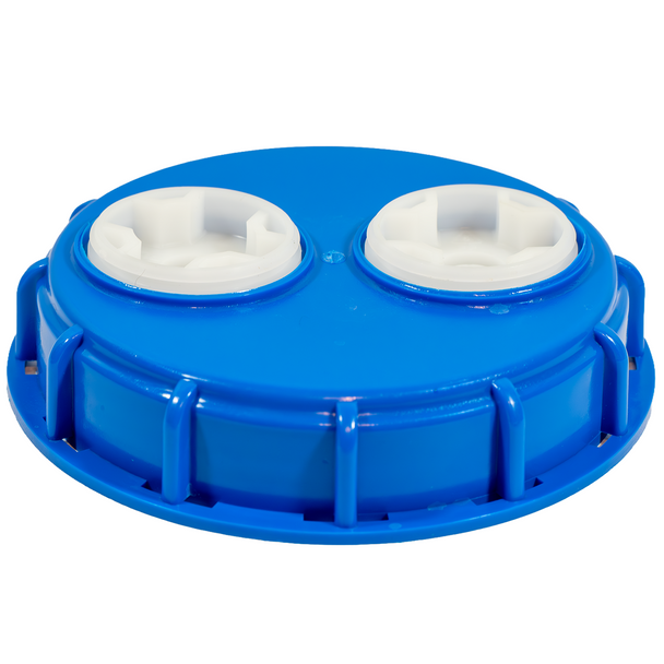 IBC replacement 6" fill cap with two 2" NPT Plugs Blue