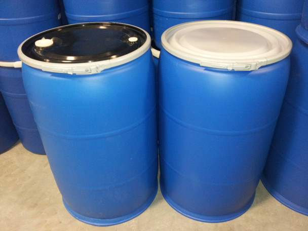 New Greif O-55FR Blue 55 Gallon Open Head Poly Drum, UN Rated 1H2/Y250/S, Coated steel side lever locking band, Lid with gasket, 2" NPS bung & 3/4" vent bung in lid 