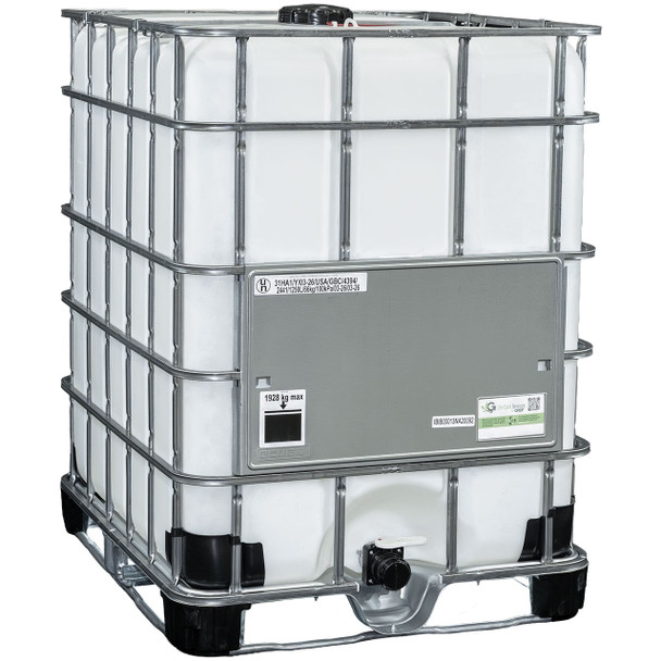 Greif GCube 330 gallon IBC, Liquid UN Rated 31HA1/Y1.9, Material HDPE, Color Natural, Opening 6" Fill Cap, 2" PP Removable Ball Valve with aluminum collar, 2" QD male camlock, Weight 150 lbs.,  L47 1/4" W 39 1/4" H 54 1/2"