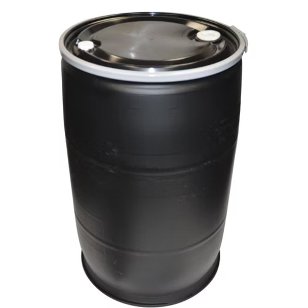 Greif O-55FR Black 55 Gallon Open Head Poly Drum, UN Rated 1H2/Y250/S, Coated steel side lever locking band, Removable lid with gasket, 2" NPS bung & 3/4" vent bung in lid