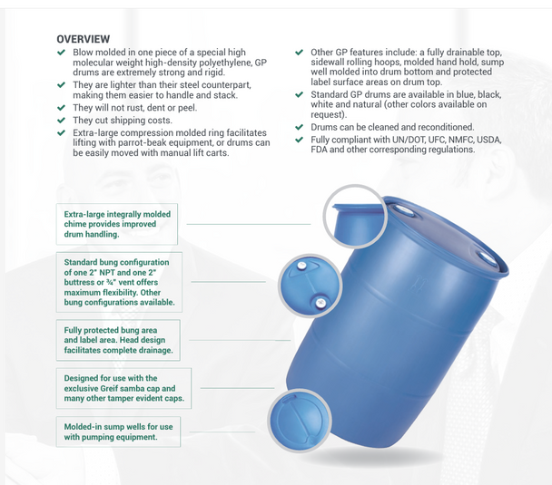 Greif GP55 Natural 55 Gallon Tight Head Drum, Liquid UN Rated 1H1/Y1.9/150, 2" NPT & 2" Buttress removable bungs with EPDM gasket, Tops do not remove on closed head drums