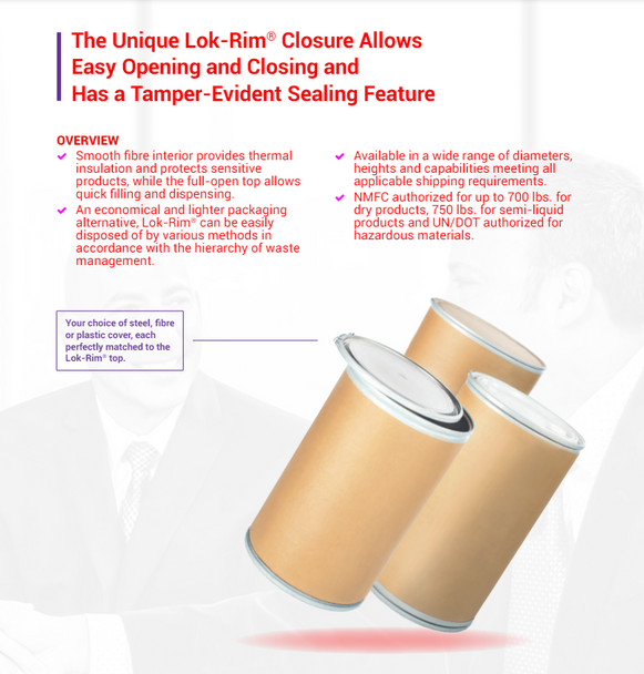 Greif 30 Gallon Fiber Drum, steel cover without gasket, metal Lokrim locking band. Different diameters, heights, and capabilities are available to meet all requirements