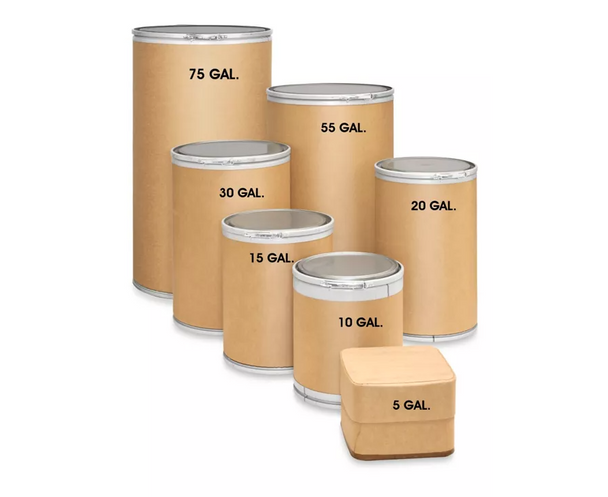 Greif 30 Gallon Fiber Drum, steel cover without gasket, metal Lokrim locking band. Different diameters, heights, and capabilities are available to meet all requirements