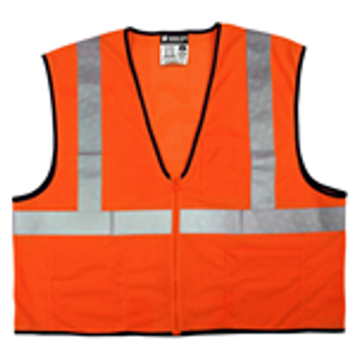 Safety Vest, Economy Class 2 Mesh, 2" Silver Reflective, Zipper Front, 3 Pockets, Orange