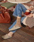 Women's Lodge Marled Alpaca Crew Socks in mustard ivory on model