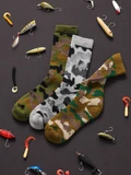 Camouflage Hunting Alpaca Crew Socks in green, multi and arctic flatlay