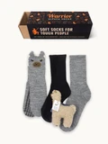 Kids All-Paca Socks Gift Box flatlay with box and Baby Alpaca Needle Felted Figurine - 5"