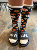Flower Power Alpaca Socks On model with slip on Love Life shoes.