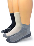 Cushioned Cross-Trainer Crew, Quarter-Crew, and All Season Mid-Crew socks side by side on foot forms