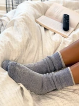Kozy Kick Back Terry Lined Sweatshirt Alpaca Socks
On feet relaxing with book.