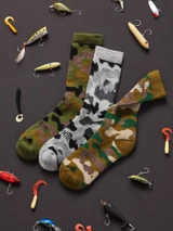 Camouflage Hunting Alpaca Crew Socks in green, multi and arctic flatlay