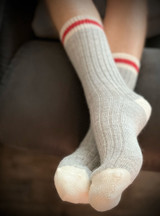 Varsity Red Stripe Alpaca Crew Socks on man, lifestyle.