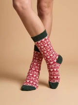 Nordic Snowfall Patterned Alpaca Crew Socks, Green, Red, Ivory on model