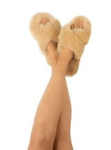 Cozy Alpaca Fur Criss-Cross Top Slippers -On Model Full View.