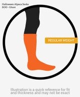 Ghostly Boos Halloween Alpaca Sock Illustration showing height and weight.