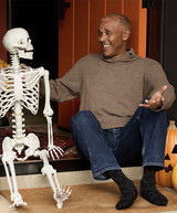 Spooky Bat Halloween Alpaca Socks on man with skeleton.