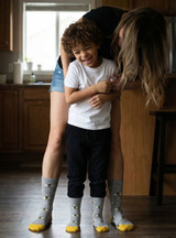 Bee Happy Grey Crew Alpaca Socks, on Mom and child -  matching socks