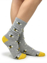 Bee Happy Grey Crew Alpaca Socks on feet