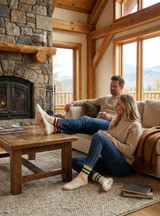 RetroVarsity quarter crew alpaca pima cotton socks on man and woman relaxing indoors.