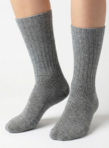 Ribbed Casual Alpaca Socks -Front Natural Flannel Gray on a woman's legs.