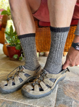 Warrior Alpaca Socks worn with Merrell hiking shoes in summer.