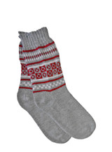 Fair Isle Handknit 100% Alpaca Crew socks, flat, Grey & Red color.