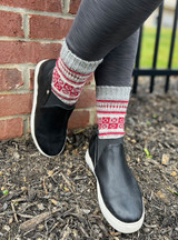 Fair Isle Handknit Alpaca Crew Socks socks on model with shoes.