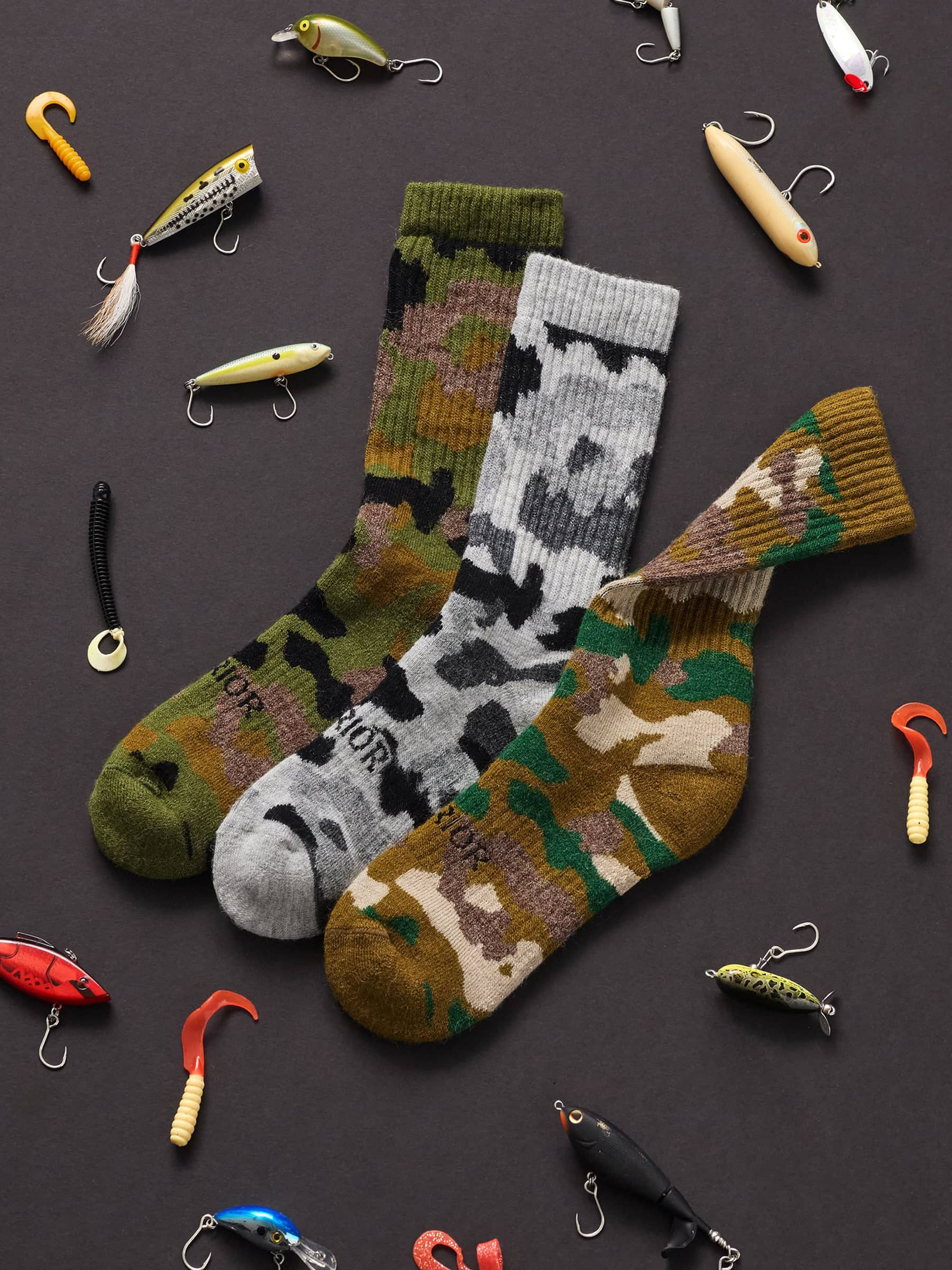 Camouflage Hunting Alpaca Crew Socks in green, multi and arctic flatlay