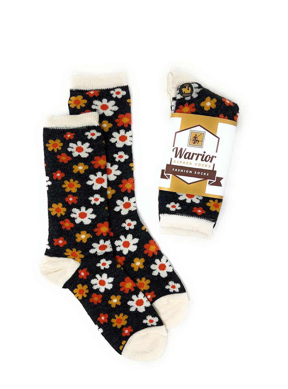 Flower Power Floral Alpaca Socks Flat and in Package.