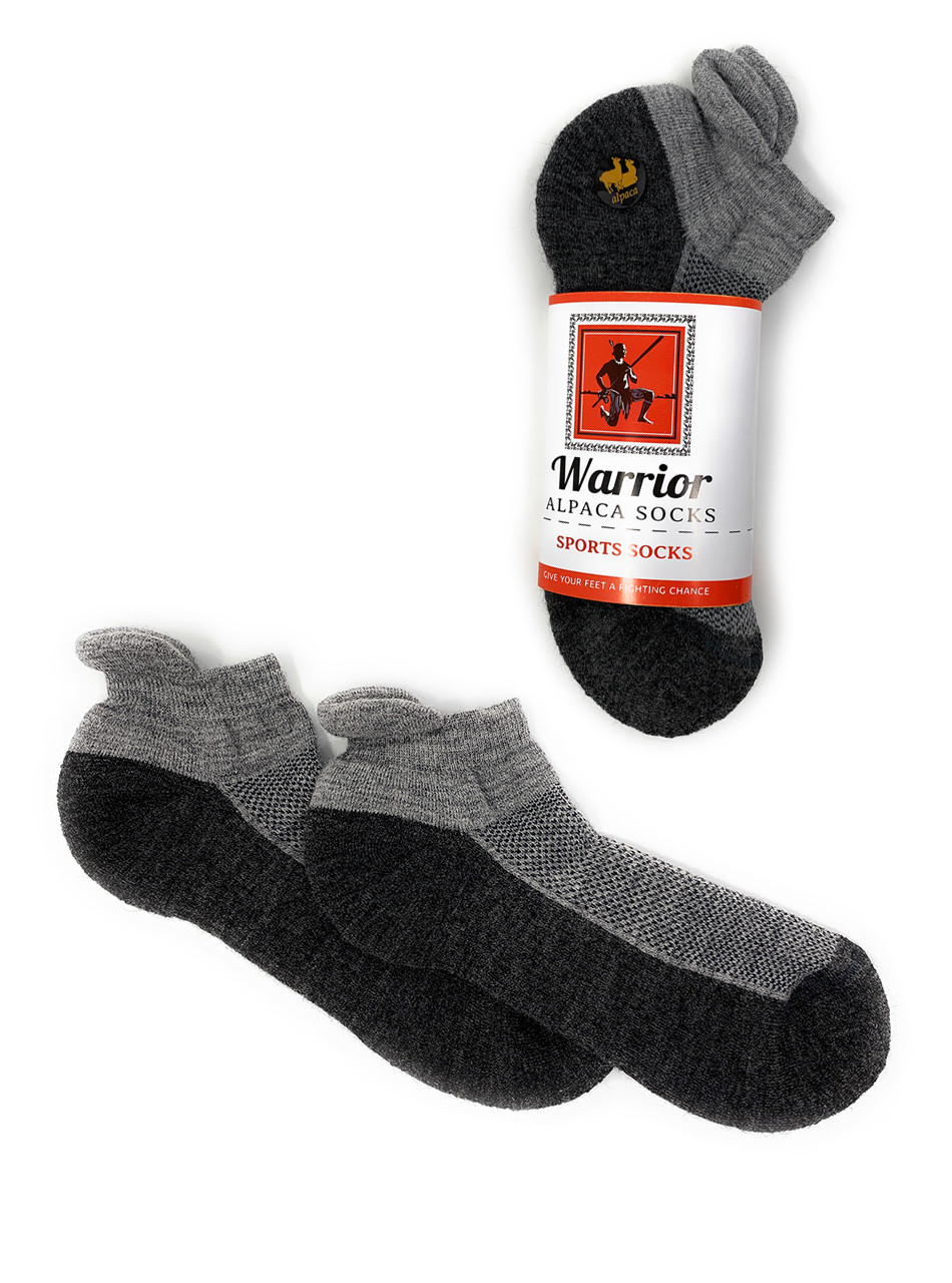 Warrior Alpaca Cushioned Cross-Trainer - High Performance Athletic Anklet Socks, flat and in package.