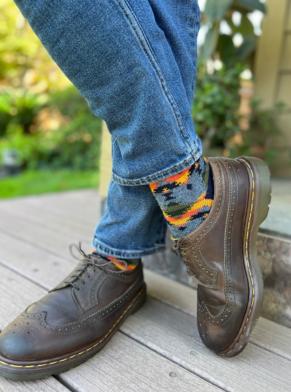 High Voltage Patterned Alpaca Crew Socks on model with shoes and jeans.