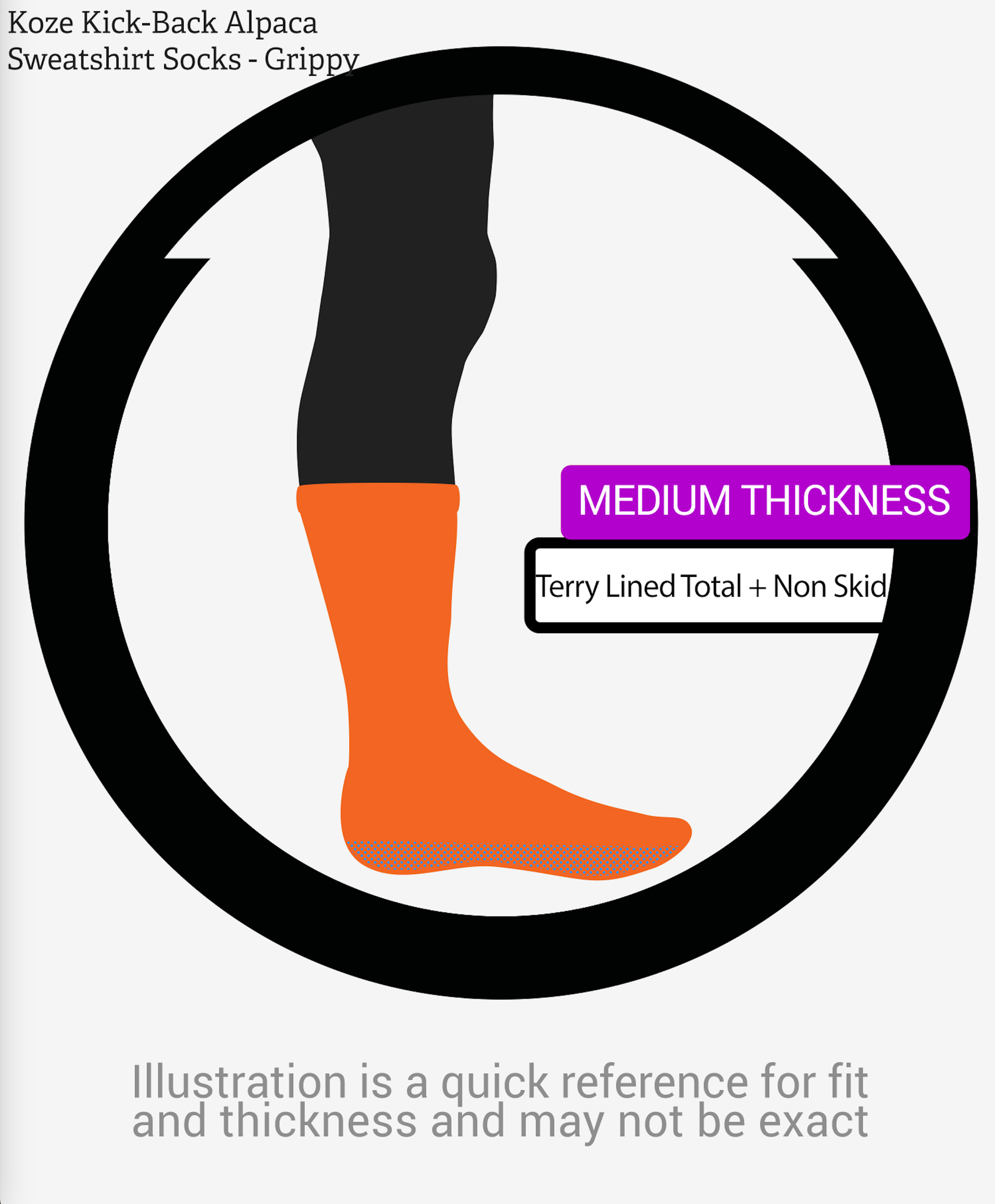 Koze Kick Back Terry Lined No-Slip Gripper Sock  Illustration showing Height, Weight and Non-Skid.