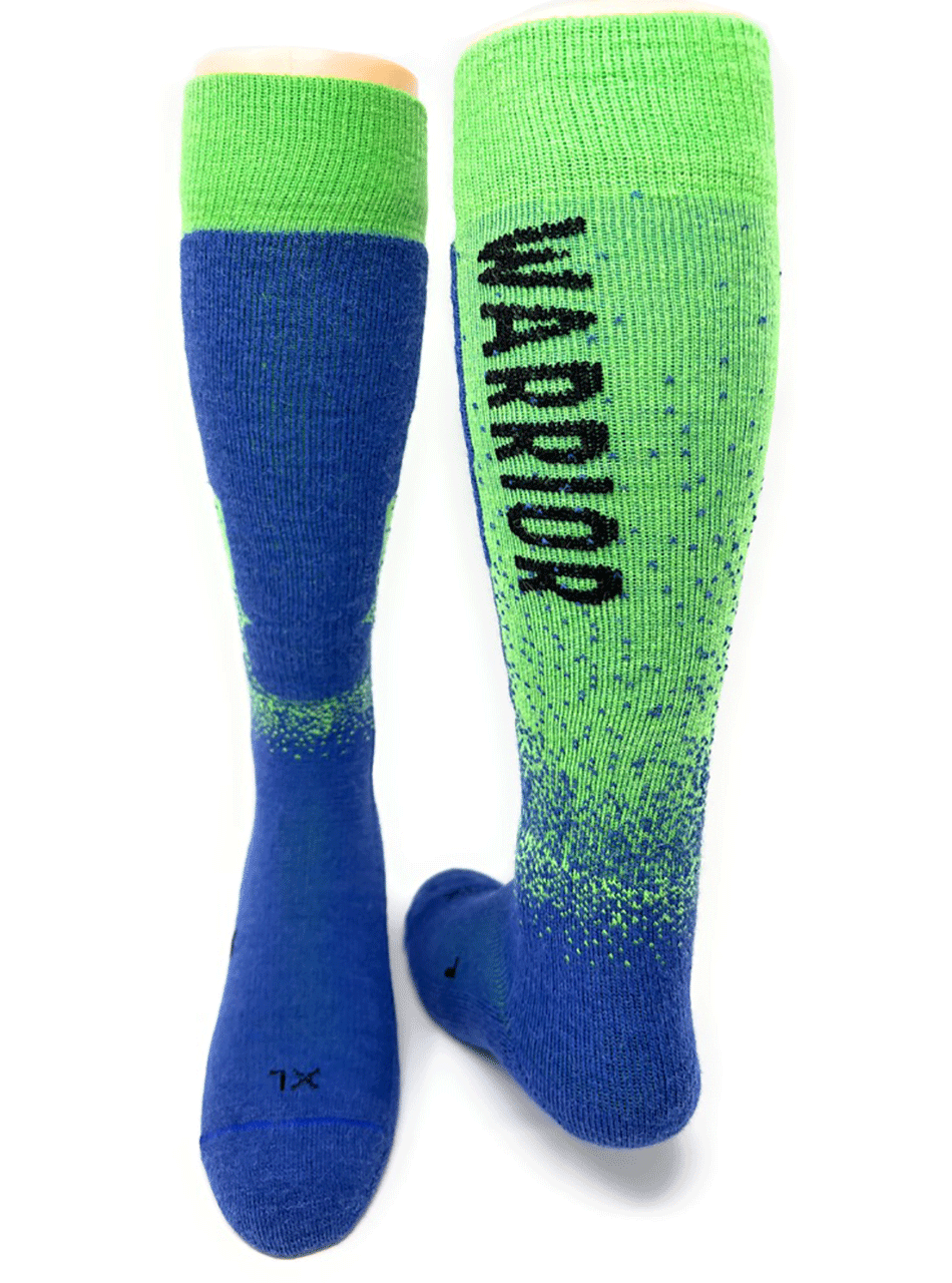 Ski & Snowboard Alpaca Socks - blue & green, front and back.