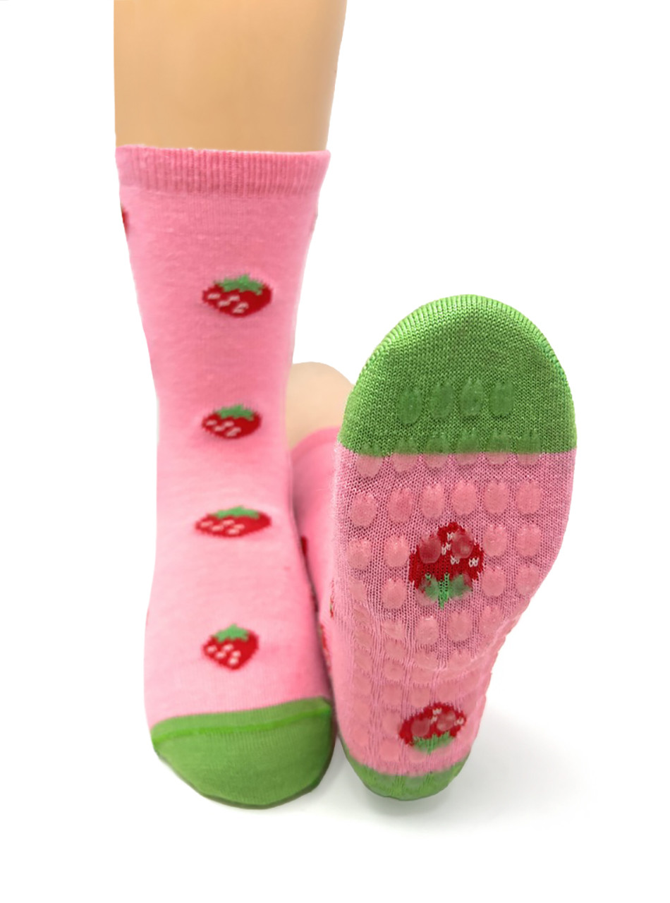 Non-slip soles with alpaca hoof prints on pink strawberry socks