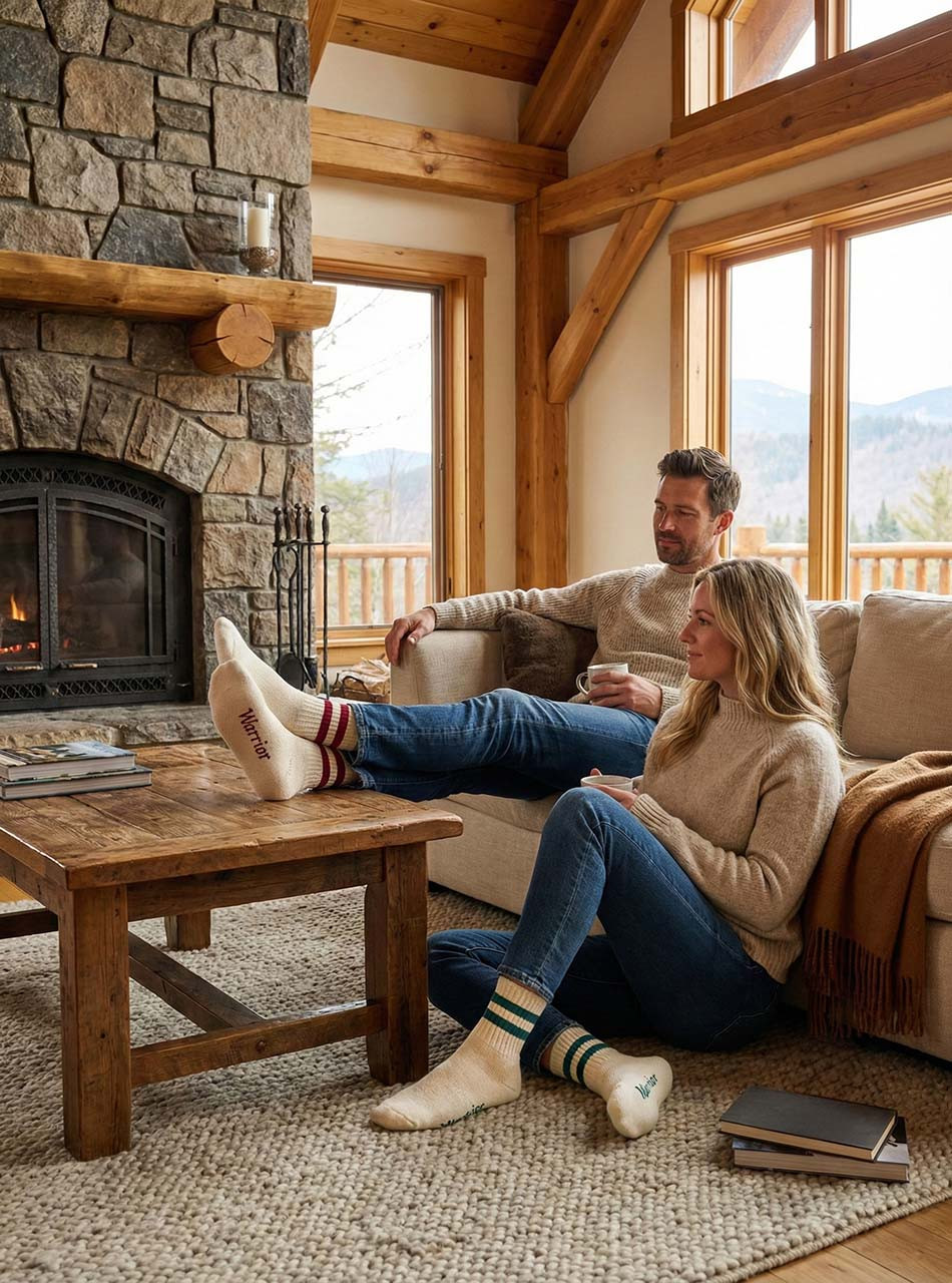 RetroVarsity quarter crew alpaca pima cotton socks on man and woman relaxing indoors.