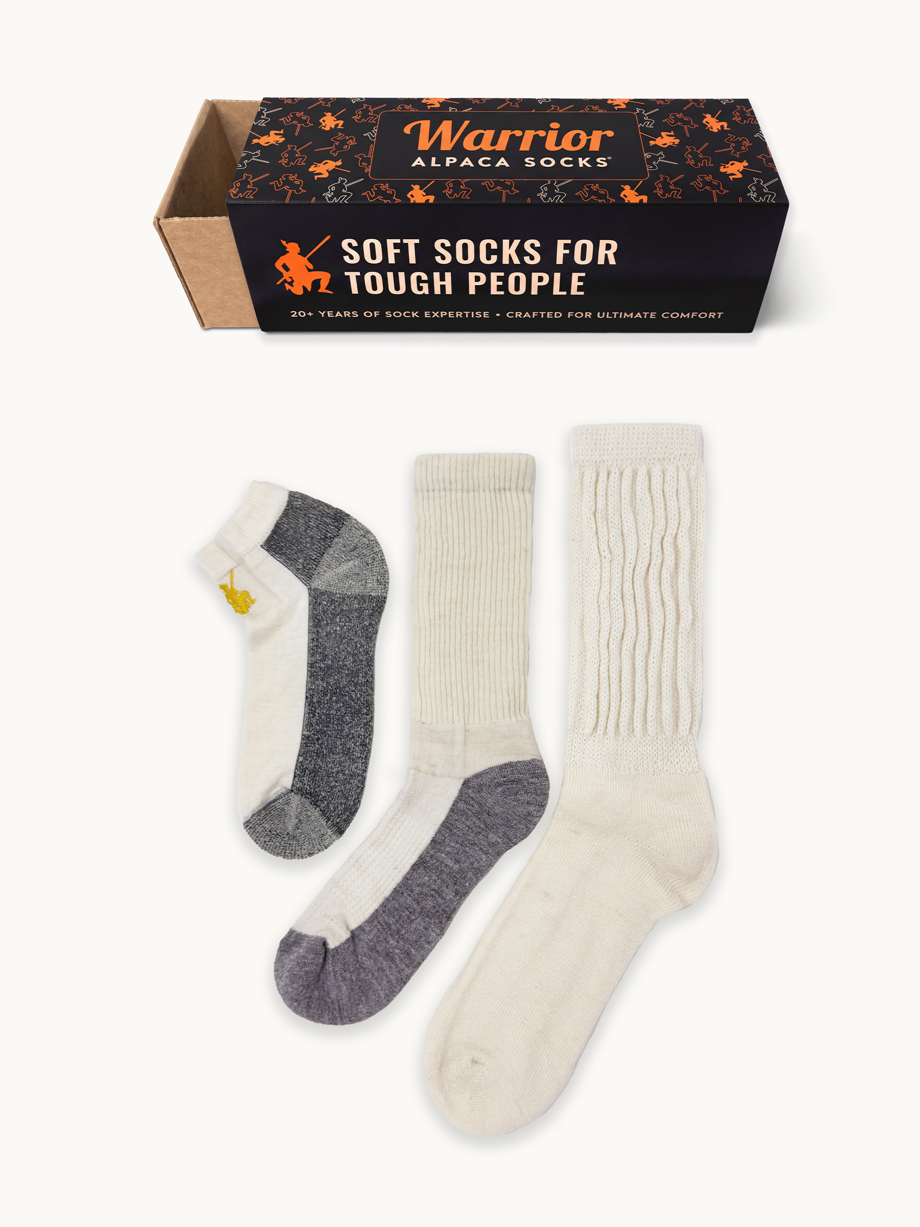 Everyday Hero Alpaca Sock Box in white flatlay with box