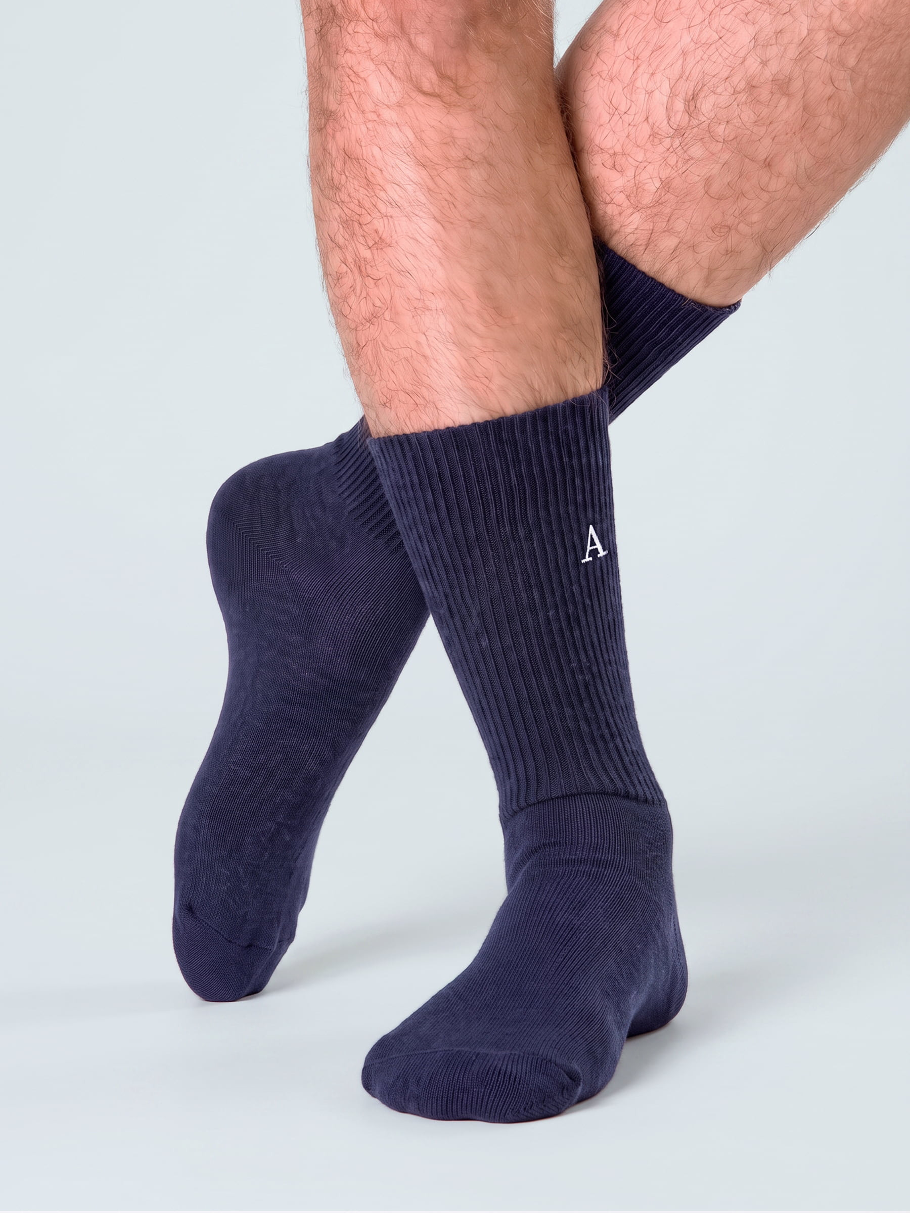 Premium Baby Alpaca Dress Crew Socks in navy on model